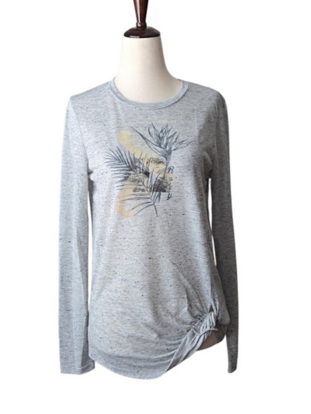 ROXY Tropical Graphic Long Sleeve Top S Gray Side Knot Casual Beachwear EUC